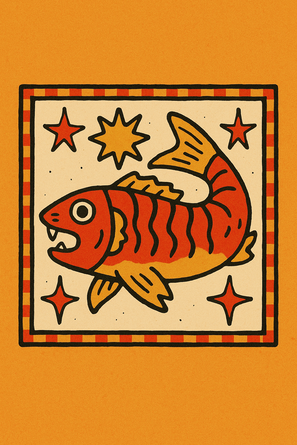 Picase phone case design asset — red-orange fish illustration with stars, framed square with a checkered border (standalone artwork for the customizable back screen).