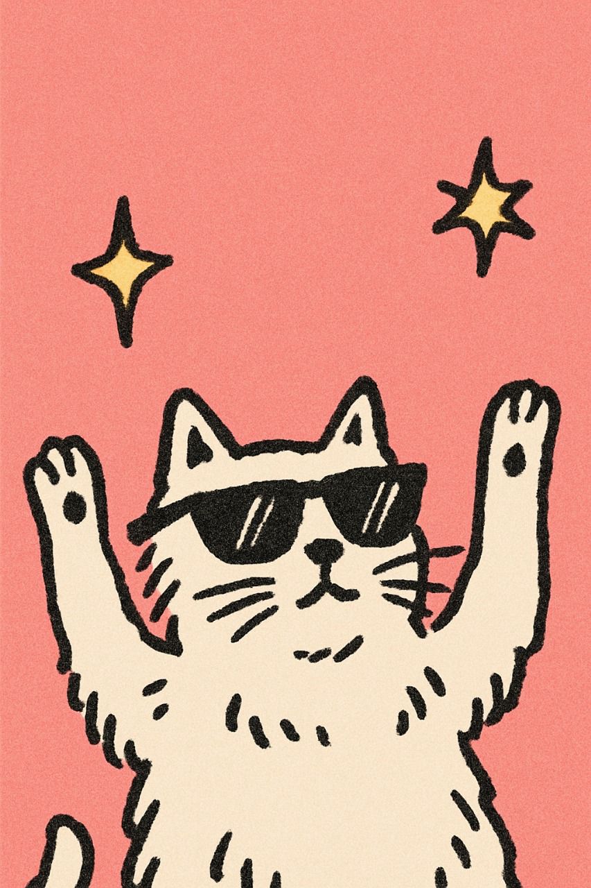 Picase phone case design asset — cat with sunglasses, raised paws and stars on a pink background (standalone artwork for the customizable back screen).