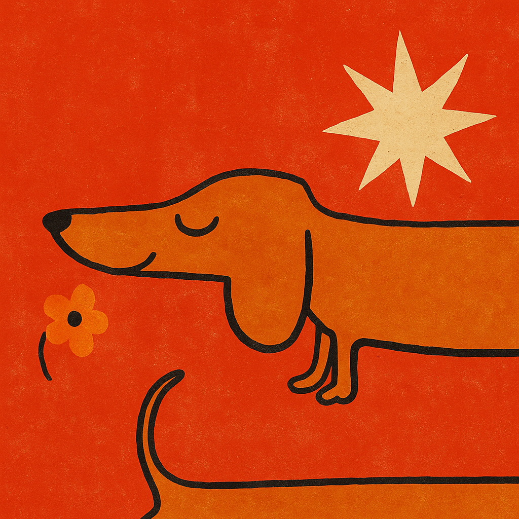 Picase phone case design asset — dachshund illustration with star and flower on an orange background (standalone artwork for the customizable back screen).