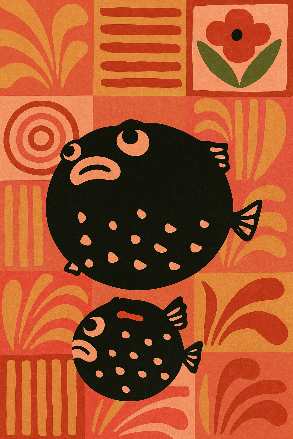 Picase phone case design asset — fish illustration over an orange tile pattern (standalone artwork for the customizable back screen).