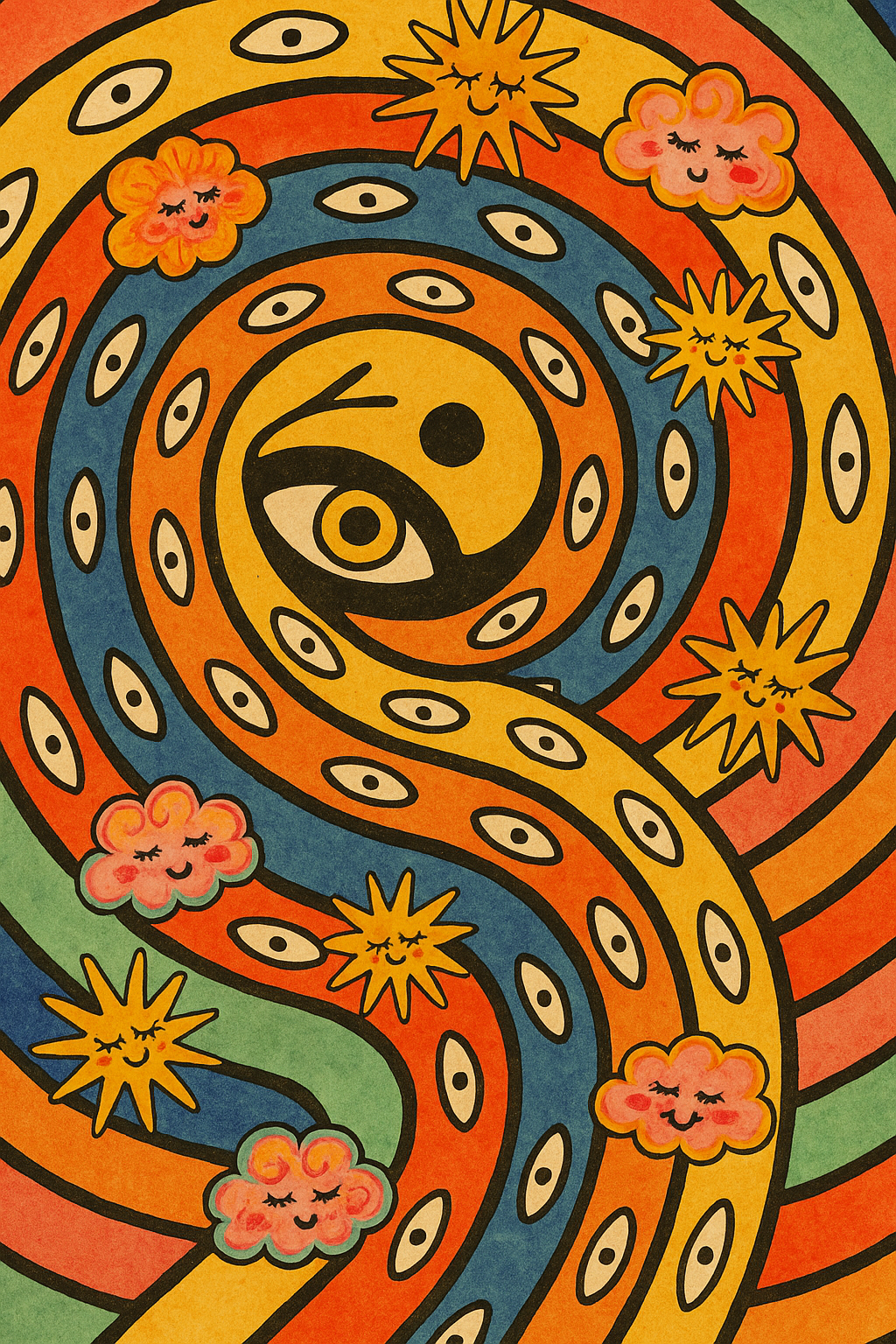 Picase phone case design asset — multicolor spiral with eye motifs, stars, and clouds (standalone artwork for the customizable back screen).