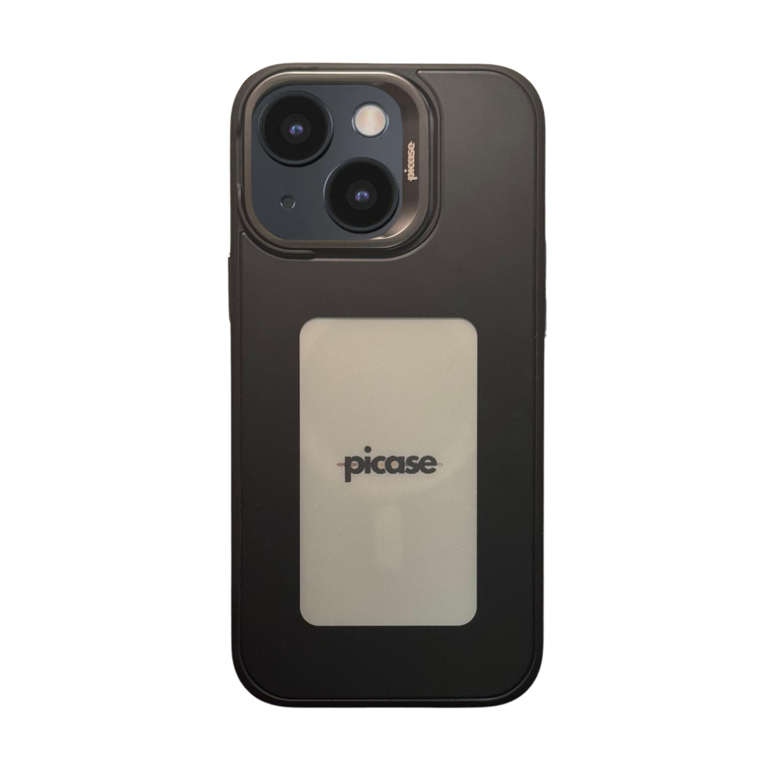 Picase One for iPhone 15 in black — customizable back screen, MagSafe compatible, back studio view.