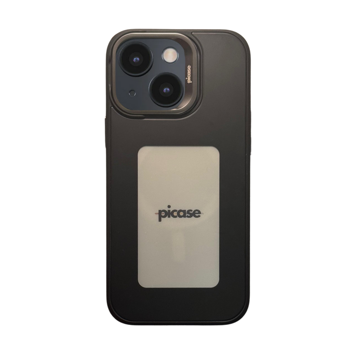 Picase One for iPhone 15 in black — customizable back screen, MagSafe compatible, back studio view.