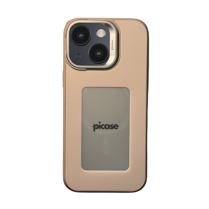Picase One for iPhone 15 in pink— customizable back screen, MagSafe compatible, back studio view.