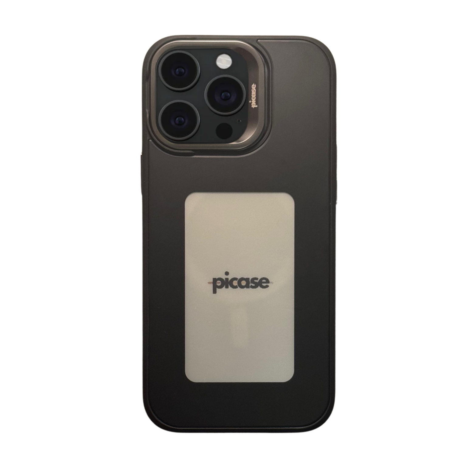 Picase One for iPhone 15 Pro Max in black — customizable back screen, MagSafe compatible, back studio view.