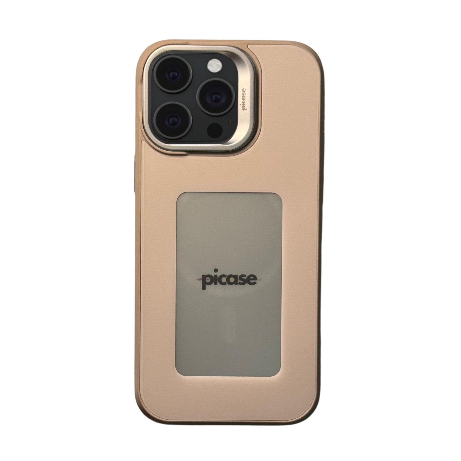 Picase One for iPhone 15 Pro Max in pink— customizable back screen, MagSafe compatible, back studio view.