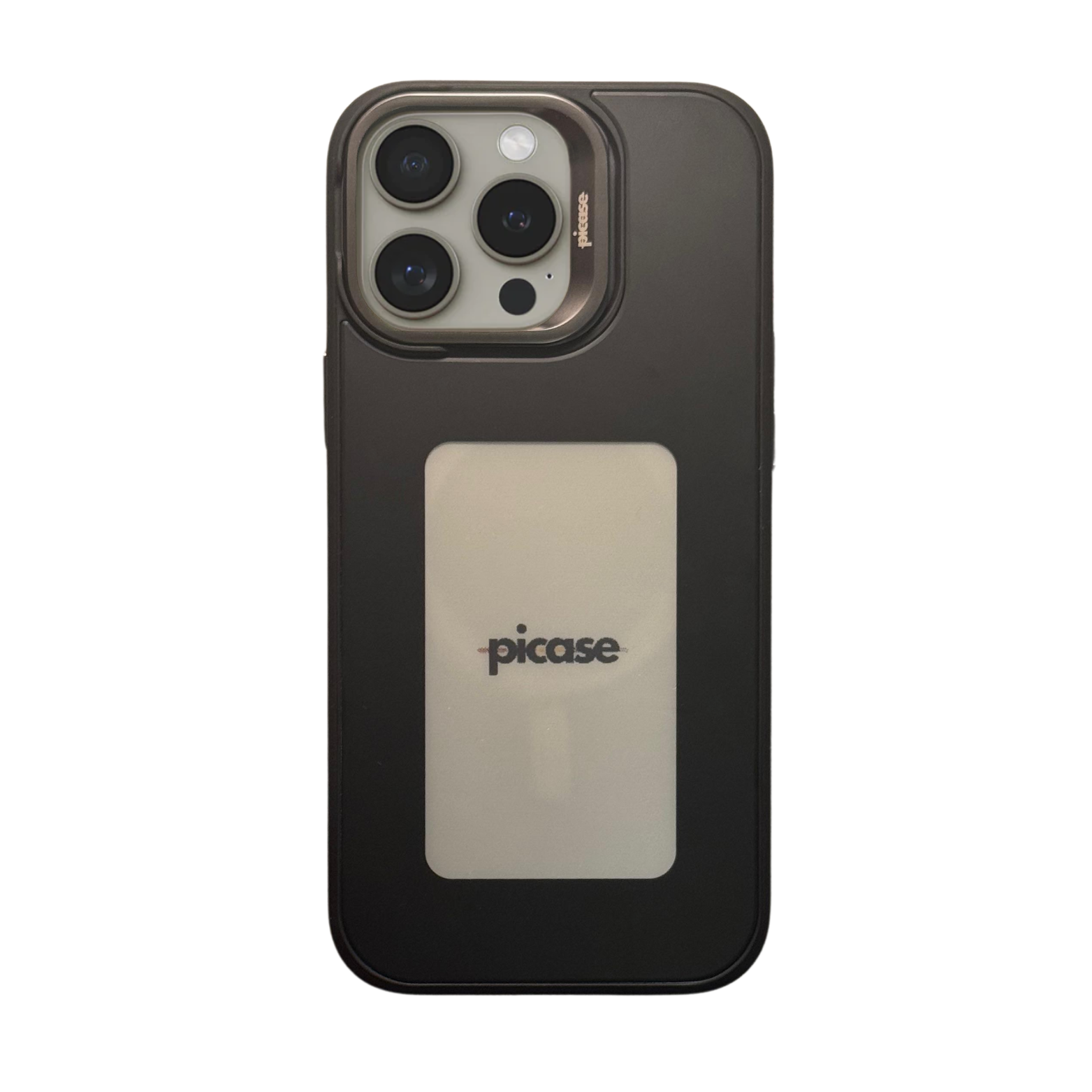 Picase One for iPhone 16 Pro Max in black — customizable back screen, MagSafe compatible, back studio view.