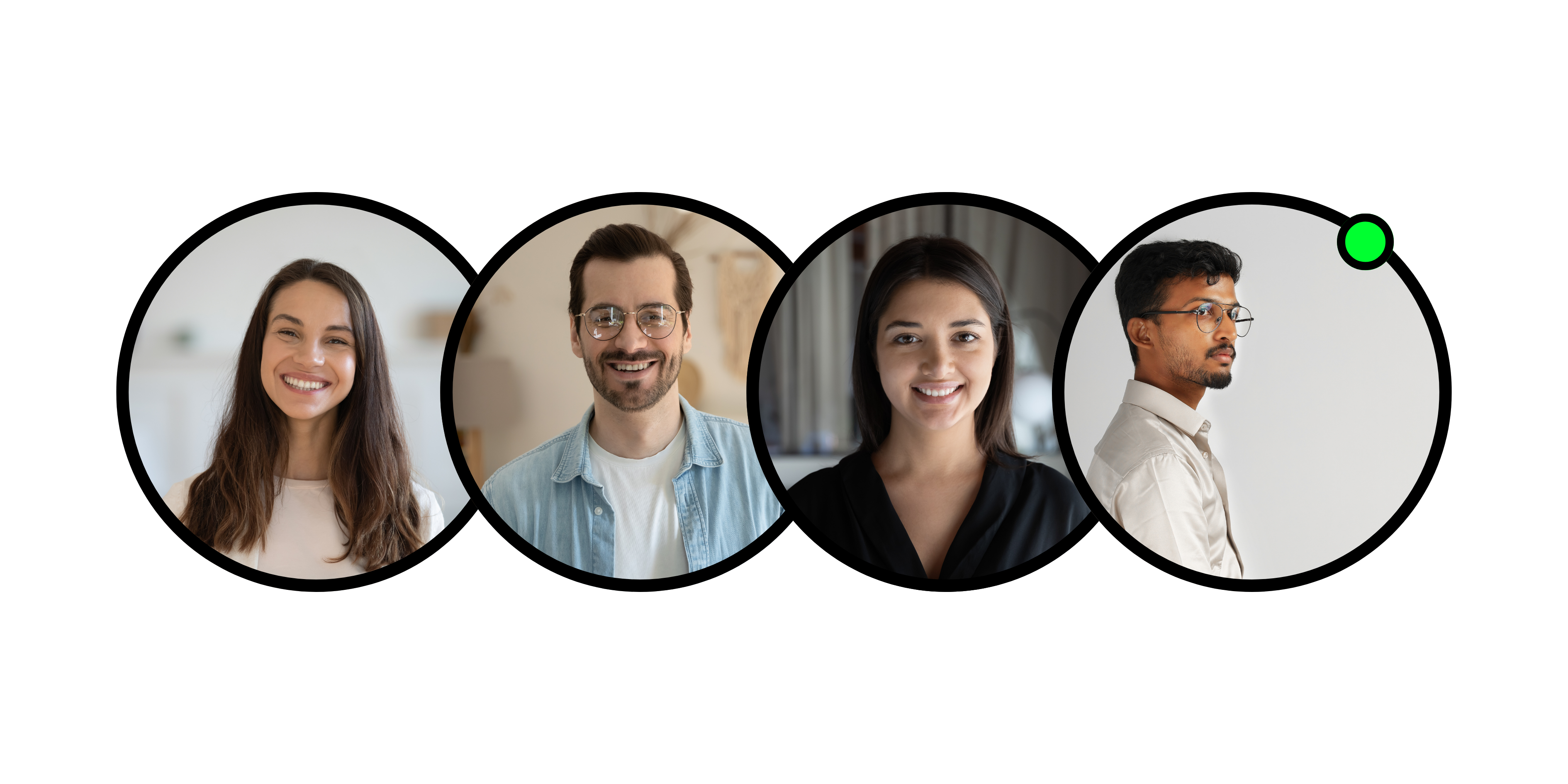 Picase support team profile photos — four circular avatars with an online status indicator, transparent background.